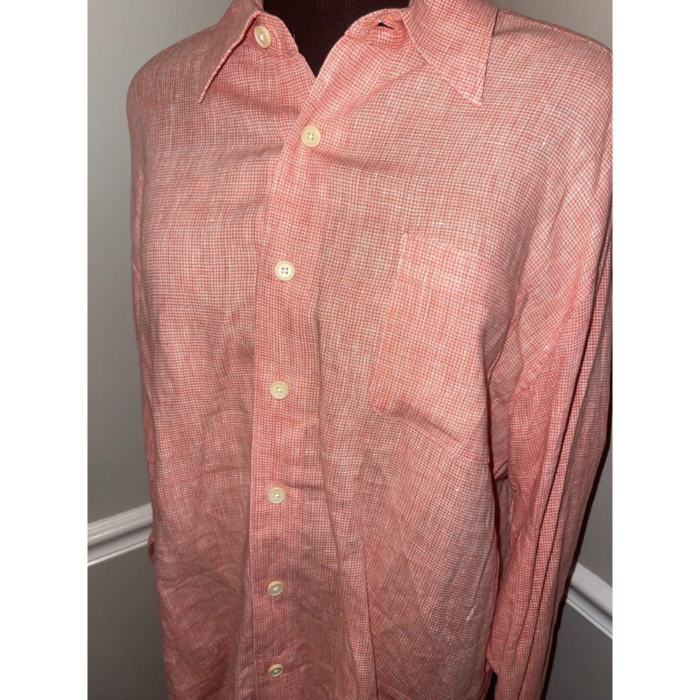Tommy Bahama Relax Linen Button Up Shirt‎ Orange Coral Check Mens L Vacation